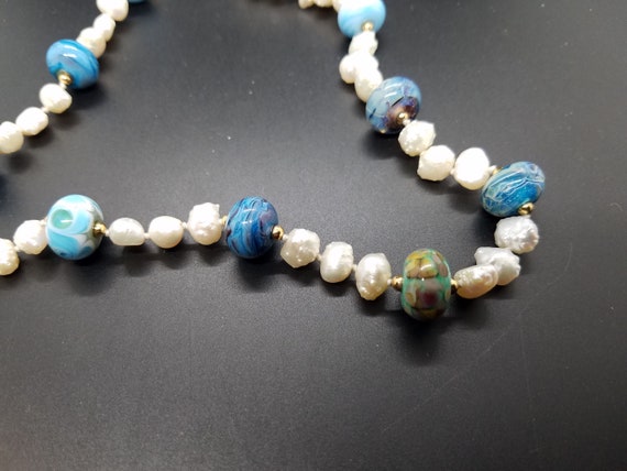 Blue Torch-work Glass and Baroque fresh-water pearls