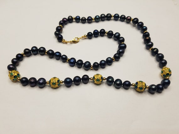 Green and Gold Cloisonne with Black Fresh Water Pearls