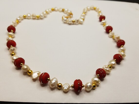 Opaque Red Torch Work Glass and Baroque Fresh-Water Pearls