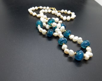 Teal Swirl Torch Work Glass and Baroque Fresh-Water Pearls