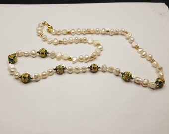 Green and Gold Cloisonne with Baroque Fresh-Water Pearls