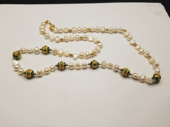 Green and Gold Cloisonne with Baroque Fresh-Water Pearls