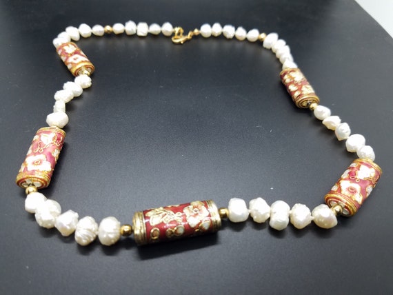 Baroque Fresh-Water Pearls and Red Cloisonne Tubular Beads