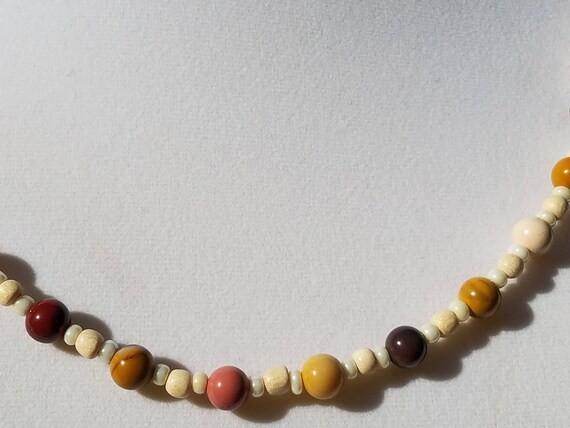 Mookaite, Wood, and Opalescent Seed Bead Necklace