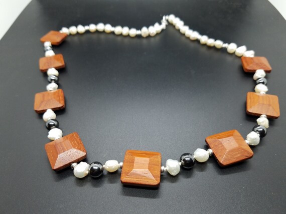 Wood, Hematite, and Baroque Fresh Water Pearls