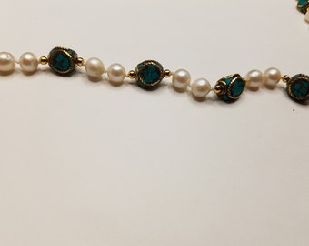 Triangular Tibetan Inlayed Beads, Brass and Turquoise, and Cultured-Fresh Water Pearls