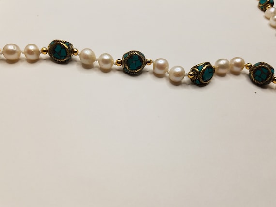 Triangular Tibetan Inlayed Beads, Brass and Turquoise, and Cultured-Fresh Water Pearls