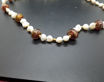 Brown Swirl Torch-work Glass with Baroque Fresh-water Pearls