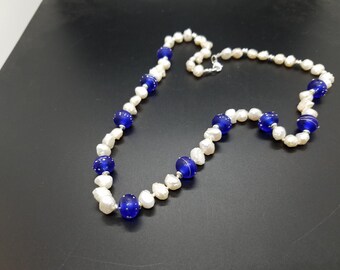 Sapphire Blue with Trailed Silver Torch-Work Glass and Baroque Fresh-Water Pearls