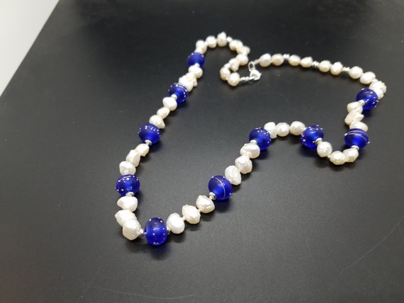 Sapphire Blue with Trailed Silver Torch-Work Glass and Baroque Fresh-Water Pearls