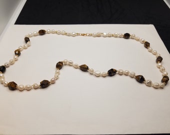 Faceted Tiger Eye Barrels and Baroque Fresh-Water Pearls