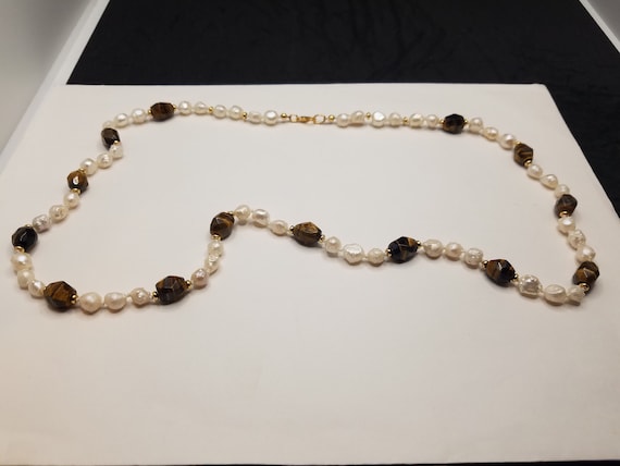 Faceted Tiger Eye Barrels and Baroque Fresh-Water Pearls