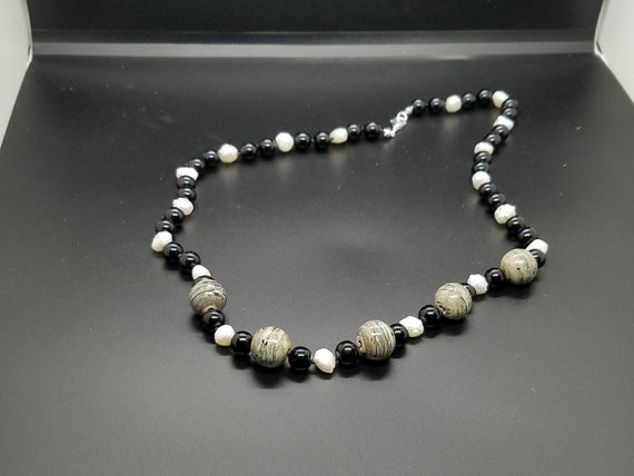 Torch-Work Glass Beads and Black Glass with Rosebud Pearls