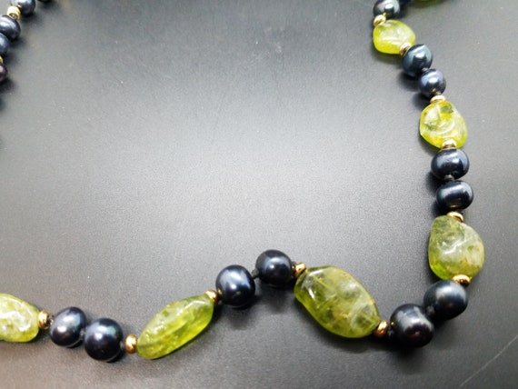 Peridot Nuggets and Black Fresh-Water Pearls