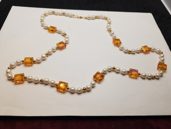 Faceted Topaz Glass Crystal and Cultured Pearls