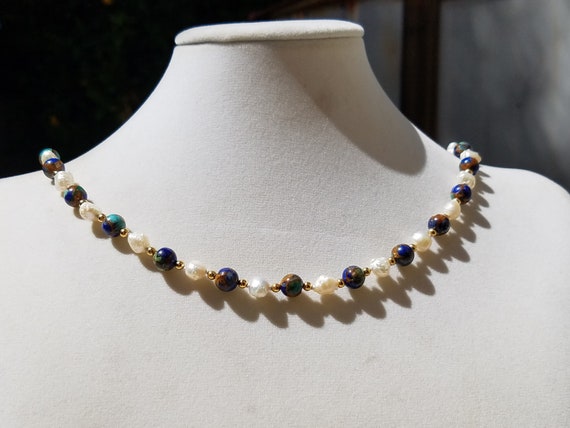 Turquoise/Lapis/Bronzeite Quartz Composite with Baroque Fresh Water Pearls