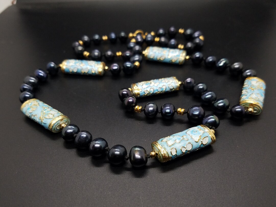 Blue Cloisonne Tubes and Black Freshwater Pearls Etsy Singapore