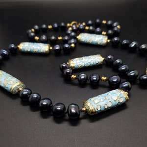 Blue Cloisonne Tubes and Black Fresh-Water Pearls