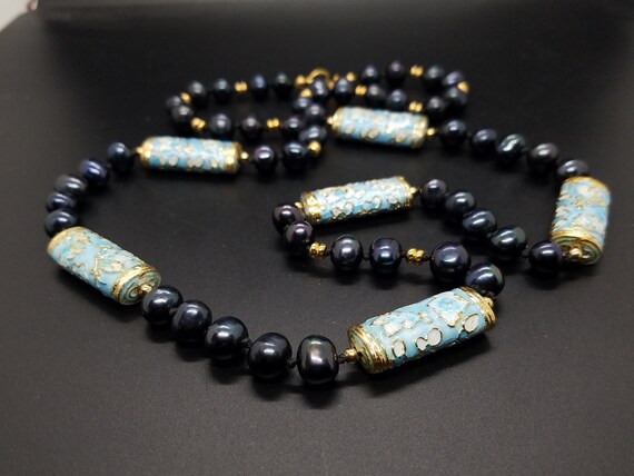 Blue Cloisonne Tubes and Black Fresh-Water Pearls