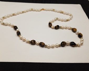 Faceted Tiger’s Eye Barrels and Round Cultured Pearls