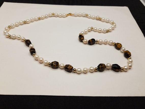 Faceted Tiger’s Eye Barrels and Round Cultured Pearls