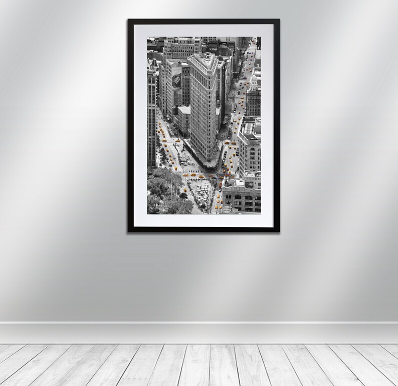 New York Flatiron Building and Yellow Taxis, Signed Print. Architecture ...