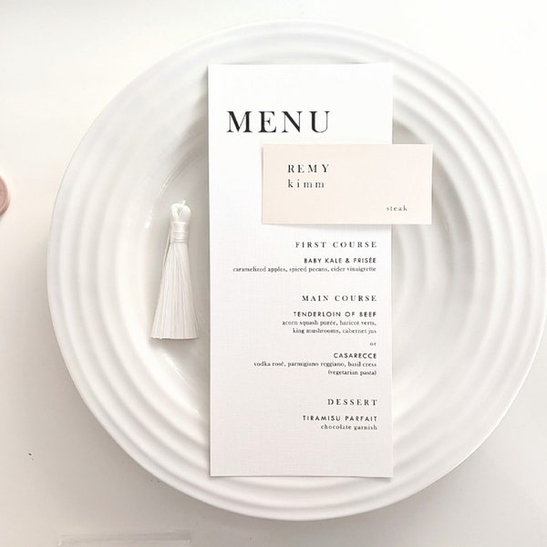 PRINTED Linen textured wedding menu, Pack of 25, Menu place card set, Modern wedding dinner menu card, simple white wedding menu with name