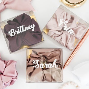 Personalized small clear gift box, BOX ONLY, Add your own scrunchies, Personalized bridal shower favor box, small bridesmaids gift box