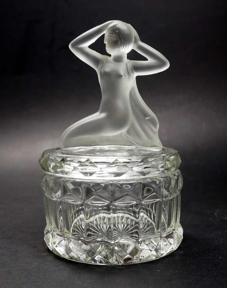 VINTAGE Art Deco Nude Frosted Woman Lid BedroomPowder JarTrinket Box Art Depression Glass