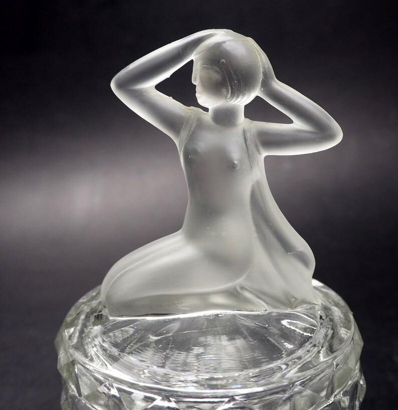 VINTAGE Art Deco Nude Frosted Woman Lid BedroomPowder JarTrinket Box Art Depression Glass