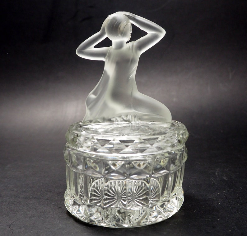 VINTAGE Art Deco Nude Frosted Woman Lid BedroomPowder JarTrinket Box Art Depression Glass