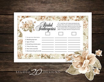 Instant Download Antique Magnolia Bridal Shower Scattergories Game, Printable Antique Magnolia Victorian Bridal Scattergories 31A