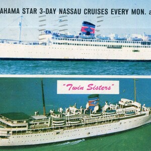 Postcard Vintage,SS Yarmouth and SS E Evangeline Twin Sisters Bahama Nassau Cruises #P-160