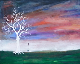 Surreal Landscape Painting, Original Abstract Canvas Painting, Cloud and Tree Painting, Housewarming Gift, Modern Art by Kokoszynska