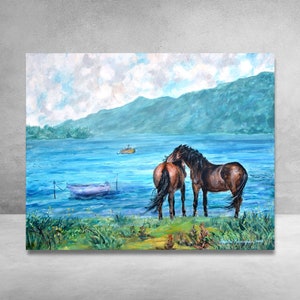 Horse Canvas Print, Horse Painting, Horse Lover Gift, Horses in Love, Farmhouse Decor, Mountain Lake, Equestrian Artwork, Lake Painting