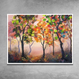 Misty Forest Sunrise Painting, Rainbow Colored Foggy Landscape, Mantle Decor, Art Print, Impressionist Art, Nature Painting, Abstract Trees