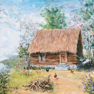 Vintage Cottage Panting, Old World Countryside Art, River Painting, Old Farmhouse, Hens Painting, European Landscape, Art Prints