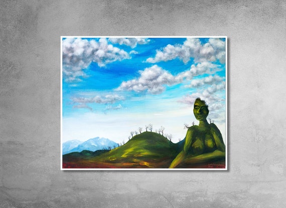 Nude Woman Surreal Painting Landscape Print Mountain Wall image