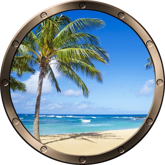 24" Porthole Window TROPICAL BEACH at SUNSET #1 ROUND Wall Sticker Decal Graphic 