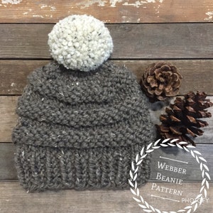 May include: A grey knitted beanie with a white pom pom. The beanie has a cable knit pattern and is made with a speckled yarn. The beanie is sitting on a wooden surface with pine cones.