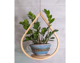 Medium Wooden Plant Hanger, Tear Drop Hanger, Planter With Saucer, Air Plant Hanger, Boho, Mid Century Modern Planter