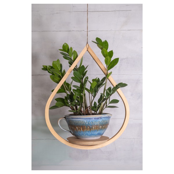 Percha de planta de madera mediana, percha de lágrima, jardinera con platillo, percha de planta de aire, boho, jardinera moderna de mediados de siglo