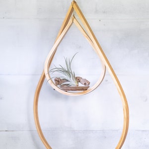 Large Indoor Wooden Tear Drop Hanger, Air Plant Holder, Air Planter With Saucer, Minimalist Air Plant Hanger, Mid Century Modern Planter