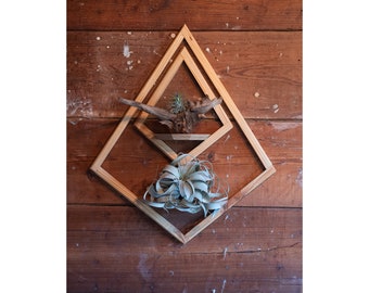 Wall Mount Double Diamond Planter with Saucer, Wall Mount Planter, Wooden Wall Hanging, Geometric Planter