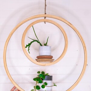 May include: A hanging wooden plant shelf with two circular tiers. Each tier holds a small potted plant on a wooden base. The shelf is suspended by a natural fiber rope against a white wall.