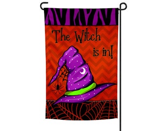 Halloween Garden Flag: "The Witch Is In" Double-Sided Decor (12x18")