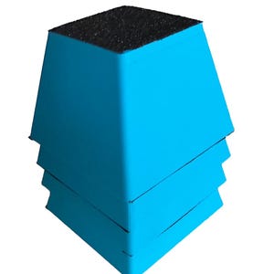 May include: A stack of three bright blue, truncated pyramid-shaped risers. Each riser features a smooth, solid blue exterior surface and a square top platform covered in a textured, black non-slip material for added grip and stability.