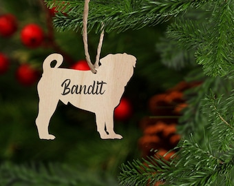 Pug, Personalized Dog Ornament, Wood Dog Ornament with Lettered Name, Custom Dog Ornament, Pug Ornament