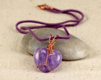 Amethyst Heart Copper Wire Wrapped Pendant, February Birthstone, Purple, Natural Stone, Simple, Third Eye Chakra, Crown Chakra