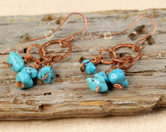 Turquoise and Copper Multi-Hoop Earrings, Boho, Earthy, Natural Stone, December Birthstone, Purification Stone